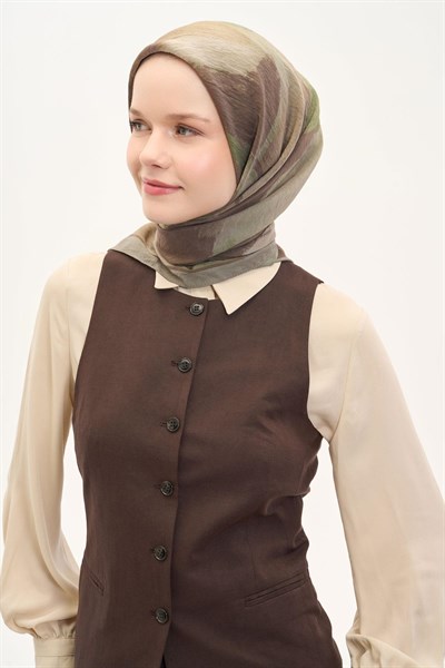 Olinda İpek Karışımlı Eşarp Soyut Desen Küf Yeşili 90x90