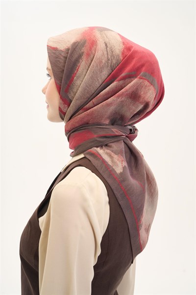 Olinda İpek Karışımlı Eşarp Soyut Desen Çilek Kırmızısı 90x90