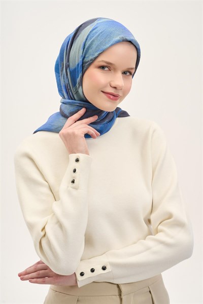 Olinda İpek Karışımlı Eşarp Soyut Desen Mavi 90x90