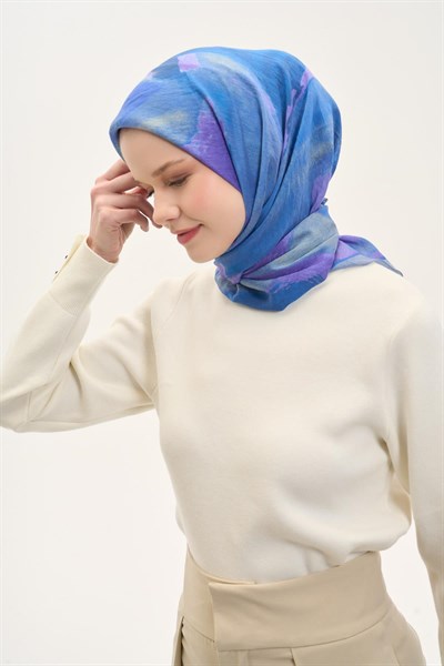 Olinda İpek Karışımlı Eşarp Soyut Desen Mavi Lila 90x90