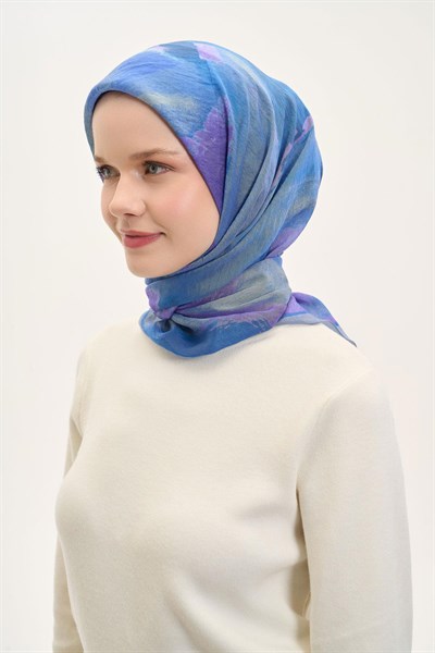 Olinda İpek Karışımlı Eşarp Soyut Desen Mavi Lila 90x90