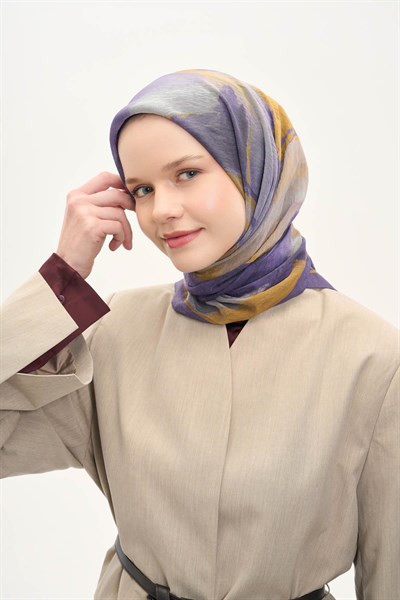 Olinda İpek Karışımlı Eşarp Soyut Desen Mor 90x90