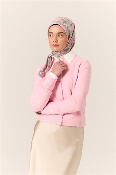 Organik Pamuk İpek Eşarp Pembe Lila Desenli Tok Duruşlu 90x90