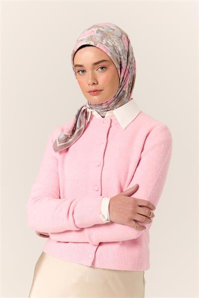 Organik Pamuk İpek Eşarp Pembe Lila Desenli Tok Duruşlu 90x90