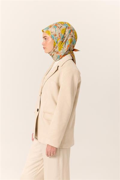 Organik Pamuk İpek Eşarp Bej Sarı Turuncu Çiçek Desenli Tok Duruşlu 90x90