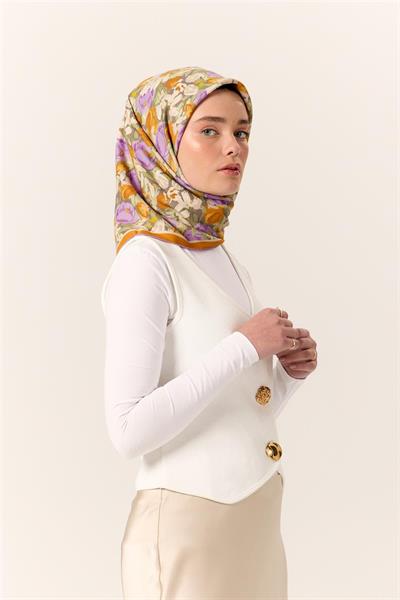 Organik Pamuk İpek Eşarp Koyu Vizon Mor Çiçek Desenli Tok Duruşlu 90x90