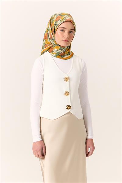 Organik Pamuk İpek Eşarp Turuncu Sarı Yeşil Çiçek Desenli Tok Duruşlu 90x90