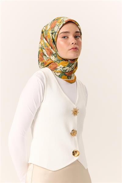 Organik Pamuk İpek Eşarp Turuncu Sarı Yeşil Çiçek Desenli Tok Duruşlu 90x90