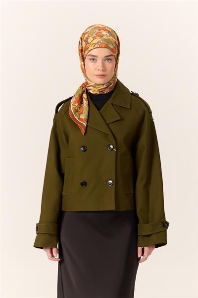 Organik Pamuk İpek Eşarp Kızıl Kahve Turuncu Çiçek Desenli Tok Duruşlu 90x90