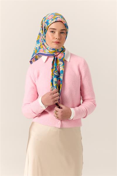 Organik Pamuk İpek Eşarp Mavi Mor Sarı Çiçek Desenli Tok Duruşlu 90x90