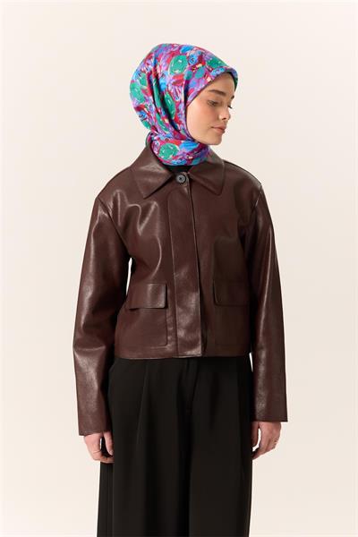 Organik Pamuk İpek Eşarp Fuşya Patina Mavi Çiçek Desenli Tok Duruşlu 90x90