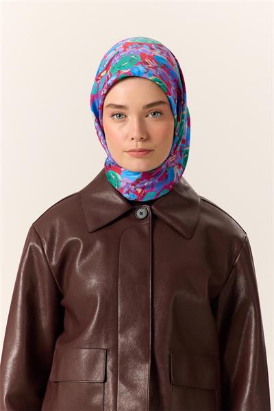 Organik Pamuk İpek Eşarp Fuşya Patina Mavi Çiçek Desenli Tok Duruşlu 90x90