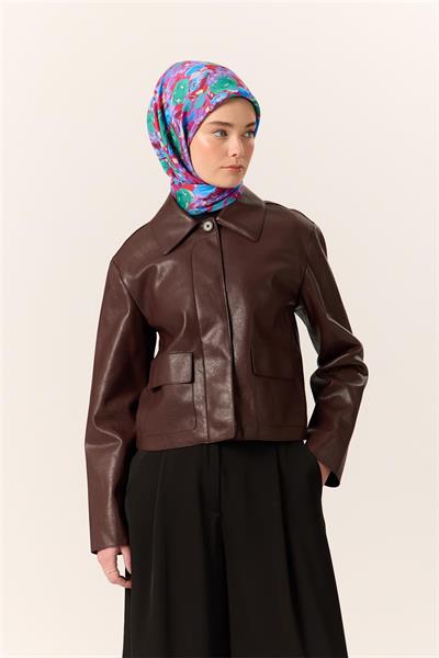 Organik Pamuk İpek Eşarp Fuşya Patina Mavi Çiçek Desenli Tok Duruşlu 90x90