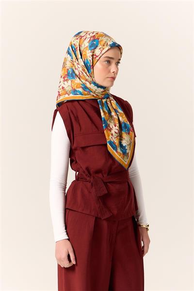 Organik Pamuk İpek Eşarp Çilek Kırmızısı Gök Mavi Çiçek Desenli Tok Duruşlu 90x90