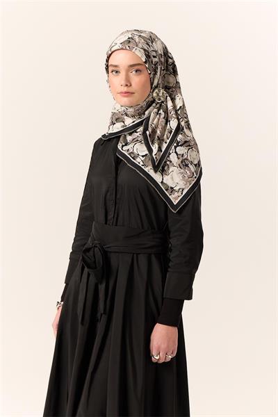 Organik Pamuk İpek Eşarp Siyah-Beyaz Vizon Desenli Tok Duruşlu 90x90