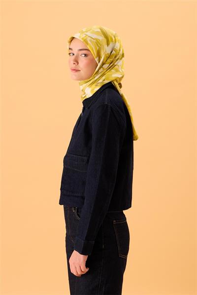 Organik Pamuk İpek Eşarp Yağ Yeşili-Sarı-Beyaz-Bej Desenli Kaymaz Tok Duruşlu 90x90