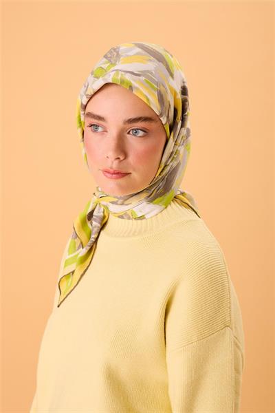 Organik Pamuk İpek Eşarp Sarı-Fıstık Yeşili-Füme-Gri-Beyaz Desenli Kaymaz Tok Duruşlu 90x90