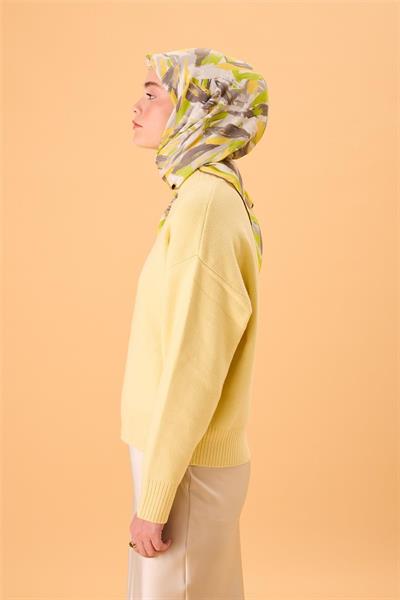 Organik Pamuk İpek Eşarp Sarı-Fıstık Yeşili-Füme-Gri-Beyaz Desenli Kaymaz Tok Duruşlu 90x90