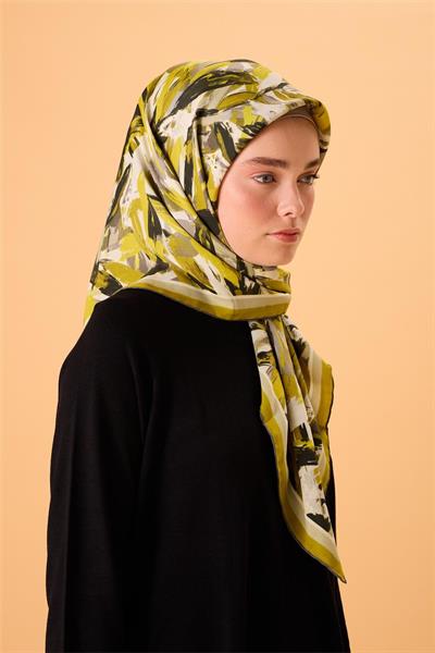 Organik Pamuk İpek Eşarp Yağ Yeşili-Siyah-Asit Yeşili-Gri Desenli Kaymaz Tok Duruşlu 90x90