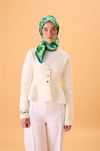 Organik Pamuk İpek Eşarp Fıstık Yeşili-Turkuaz-Mavi-Lacivert-Mint Desenli Kaymaz Tok Duruşlu 90x90