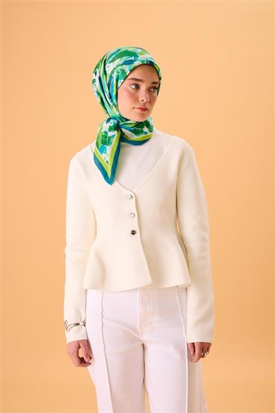 Organik Pamuk İpek Eşarp Fıstık Yeşili-Turkuaz-Mavi-Lacivert-Mint Desenli Kaymaz Tok Duruşlu 90x90