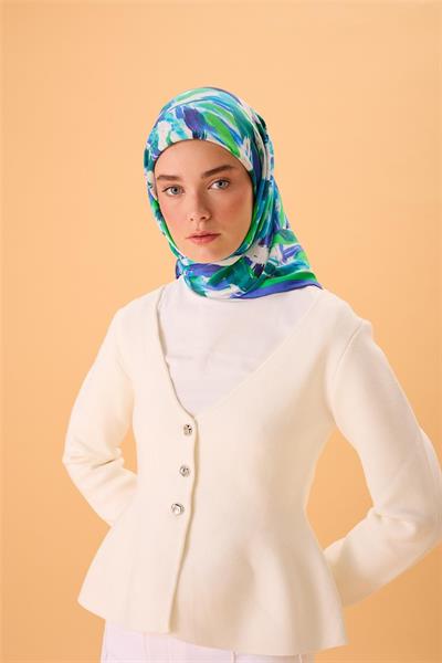 Organik Pamuk İpek Eşarp Morcivert-Lacivert-Patina Yeşili-Mavi-Bebe Mavi Desenli Kaymaz Tok Duruşlu 90x90