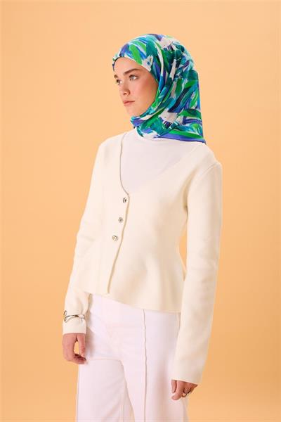 Organik Pamuk İpek Eşarp Morcivert-Lacivert-Patina Yeşili-Mavi-Bebe Mavi Desenli Kaymaz Tok Duruşlu 90x90