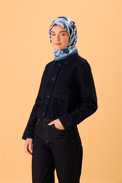 Organik Pamuk İpek Eşarp İndigo-Siyah-Beyaz-Gece Mavisi-Bebe Mavi Desenli Kaymaz Tok Duruşlu 90x90