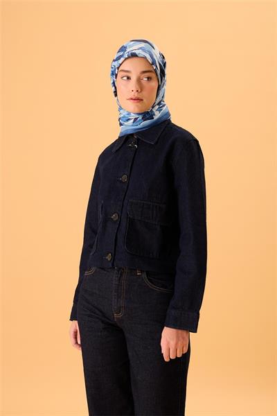 Organik Pamuk İpek Eşarp İndigo-Siyah-Beyaz-Gece Mavisi-Bebe Mavi Desenli Kaymaz Tok Duruşlu 90x90