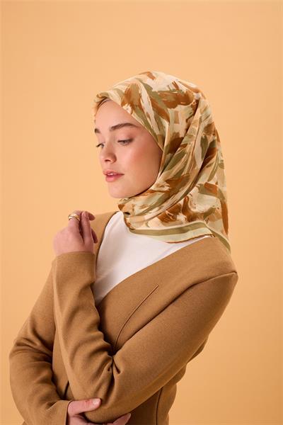 Organik Pamuk İpek Eşarp Mint Yeşili-Taba-Haki-Somon Desenli Kaymaz Tok Duruşlu 90x90