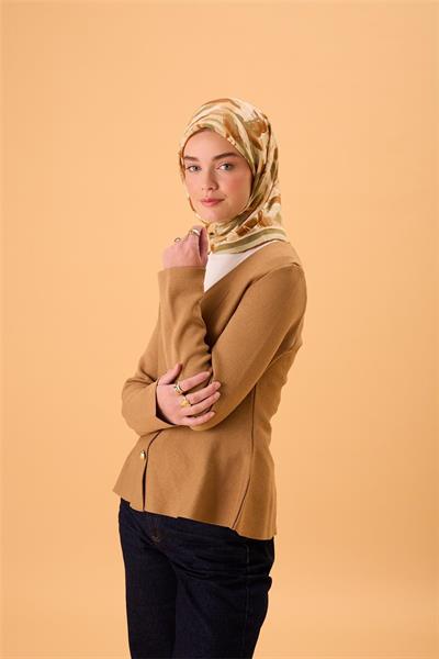 Organik Pamuk İpek Eşarp Mint Yeşili-Taba-Haki-Somon Desenli Kaymaz Tok Duruşlu 90x90