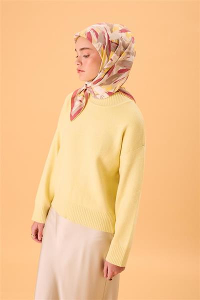 Organik Pamuk İpek Eşarp Rose-Butter Yellow-Gri-Beyaz Desenli Kaymaz Tok Duruşlu 90x90