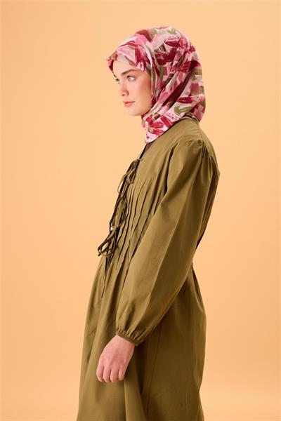 Organik Pamuk İpek Eşarp Su Yeşili-Pembe-Çilek Kırmızısı Desenli Kaymaz Tok Duruşlu 90x90