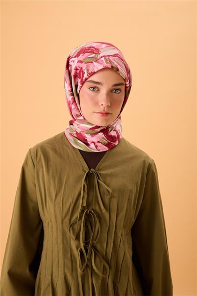 Organik Pamuk İpek Eşarp Su Yeşili-Pembe-Çilek Kırmızısı Desenli Kaymaz Tok Duruşlu 90x90