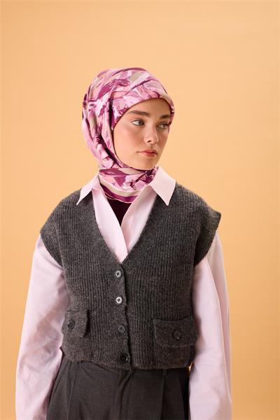 Organik Pamuk İpek Eşarp Mor-Yeşil Gri-Somon-Eflatun Desenli Kaymaz Tok Duruşlu 90x90