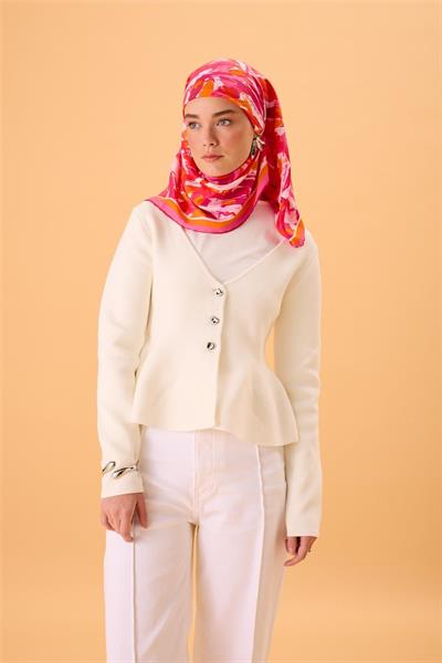 Organik Pamuk İpek Eşarp Pembe-Fuşya-Turuncu Desenli Kaymaz Tok Duruşlu 90x90