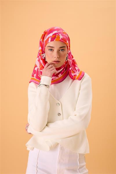 Organik Pamuk İpek Eşarp Pembe-Fuşya-Turuncu Desenli Kaymaz Tok Duruşlu 90x90
