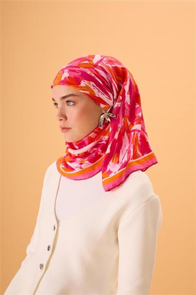 Organik Pamuk İpek Eşarp Pembe-Fuşya-Turuncu Desenli Kaymaz Tok Duruşlu 90x90