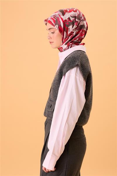 Organik Pamuk İpek Eşarp Narçiçeği-Bordo Desenli Kaymaz Dokulu Akışkan Duruşlu 90x90