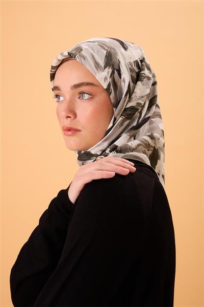 Organik Pamuk İpek Eşarp Füme-Siyah Desenli Kaymaz Dokulu Akışkan Duruşlu 90x90