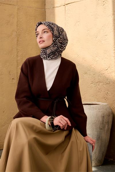 İnce Pamuk Soft Eşarp Siyah-Vizon Taş Desenli Nefes Alan Tok Duruşlu 90x90