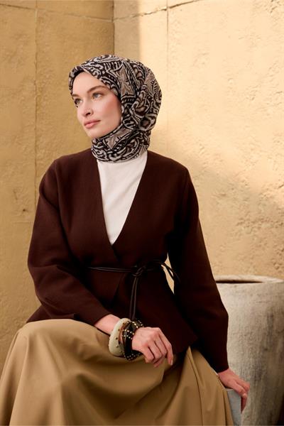 İnce Pamuk Soft Eşarp Siyah-Vizon Taş Desenli Nefes Alan Tok Duruşlu 90x90