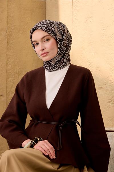 İnce Pamuk Soft Eşarp Siyah-Vizon Taş Desenli Nefes Alan Tok Duruşlu 90x90