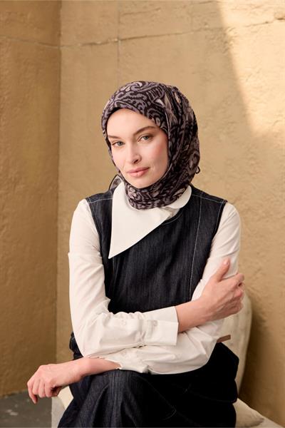 İnce Pamuk Soft Eşarp Siyah-Nescafe Pastel Mor Desenli Nefes Alan Tok Duruşlu 90x90