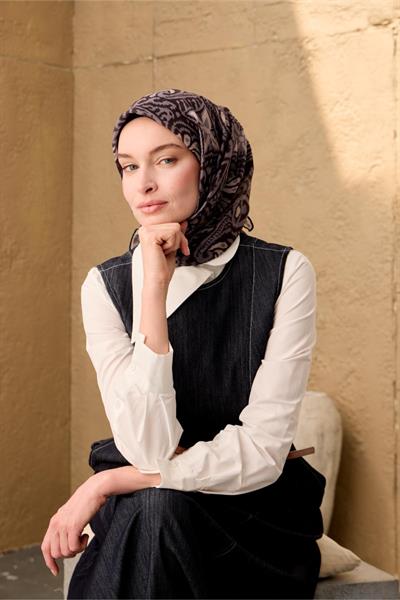 İnce Pamuk Soft Eşarp Siyah-Nescafe Pastel Mor Desenli Nefes Alan Tok Duruşlu 90x90