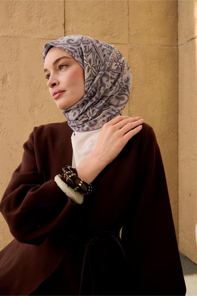 İnce Pamuk Soft Eşarp Pastel Mor-Gümüş Ekru Desenli Nefes Alan Tok Duruşlu 90x90