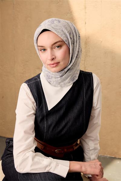 İnce Pamuk Soft Eşarp Gümüş-Gri Füme Desenli Nefes Alan Tok Duruşlu 90x90