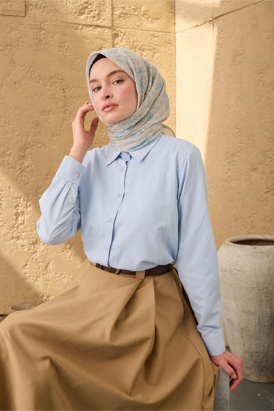 İnce Pamuk Soft Eşarp Gümüş-Vizon Bebe Mavi Desenli Nefes Alan Tok Duruşlu 90x90