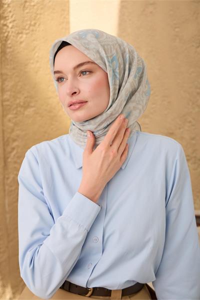 İnce Pamuk Soft Eşarp Gümüş-Vizon Bebe Mavi Desenli Nefes Alan Tok Duruşlu 90x90