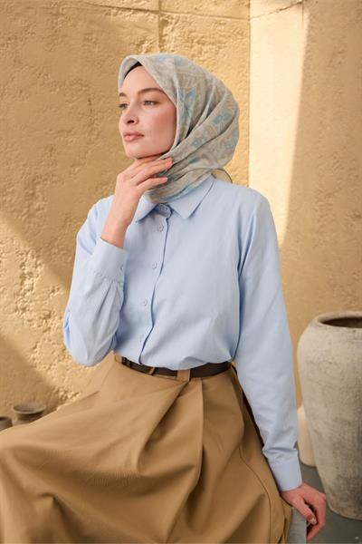 İnce Pamuk Soft Eşarp Gümüş-Vizon Bebe Mavi Desenli Nefes Alan Tok Duruşlu 90x90